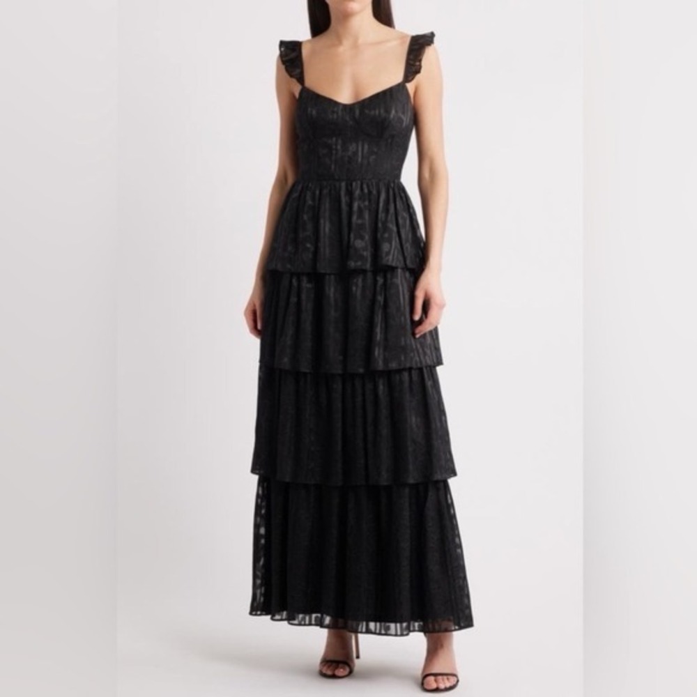 Lulus Magnolia Black Tiered Organza Gown Burnout Floral Maxi Dress Small New!